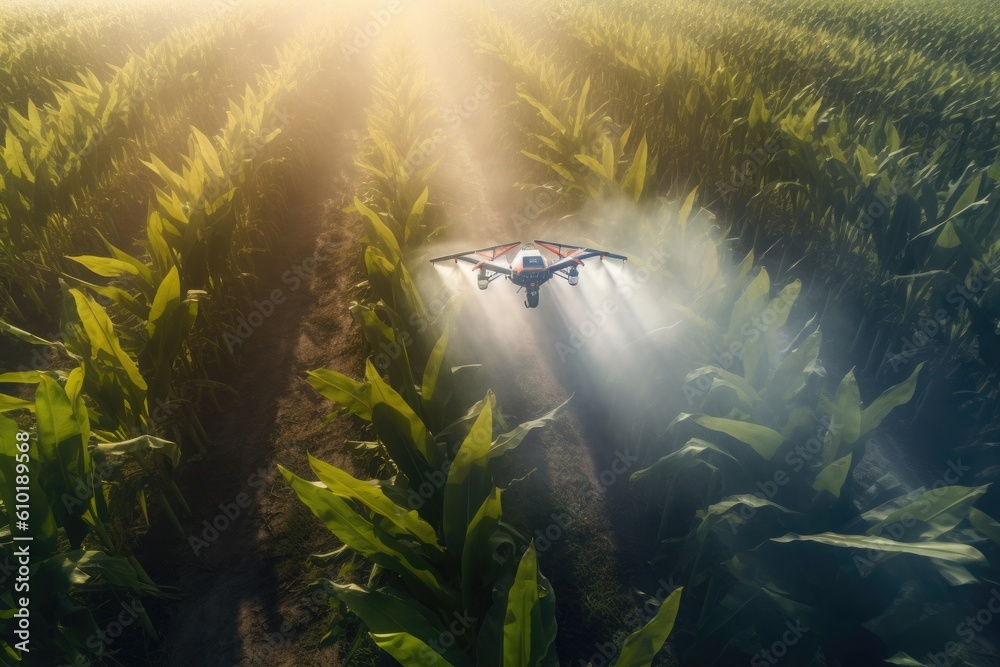 Agricultural drone flying water spray fertilizer on sweetcorn fields. Aerial view of drone. Generati