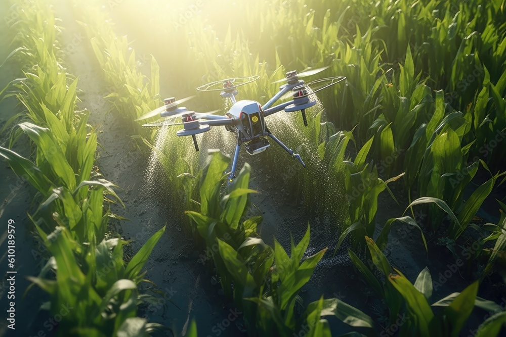 Agricultural drone flying water spray fertilizer on sweetcorn fields. Aerial view of drone. Generati