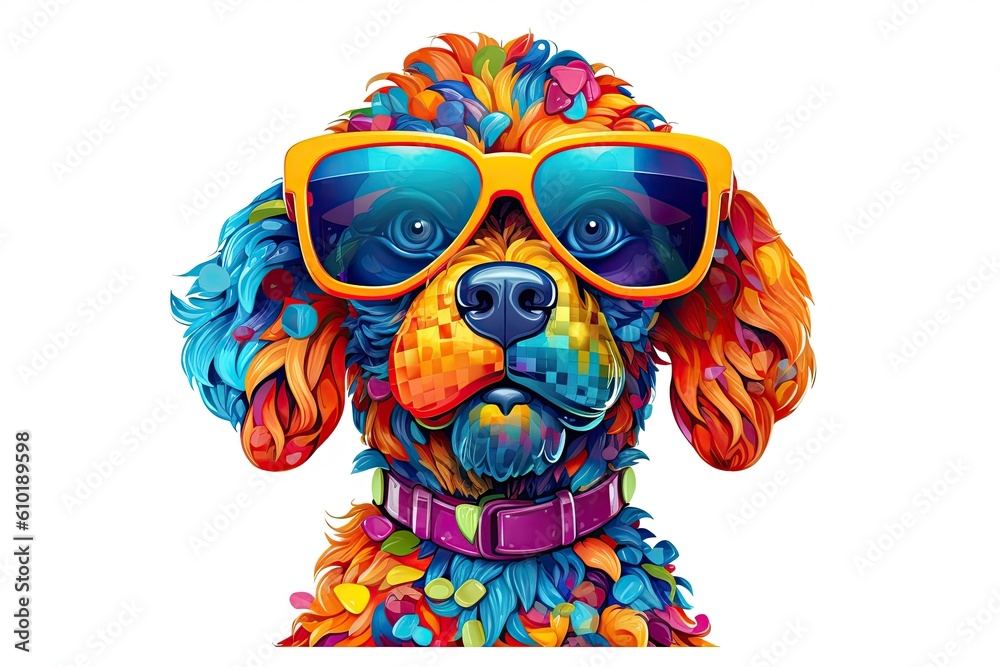 A cartoon colorful dog with sunglasses on white background. Colorful. Generative AI