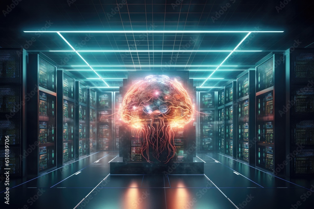 Artificial intelligence, Digital brain connected to data center. Generative AI