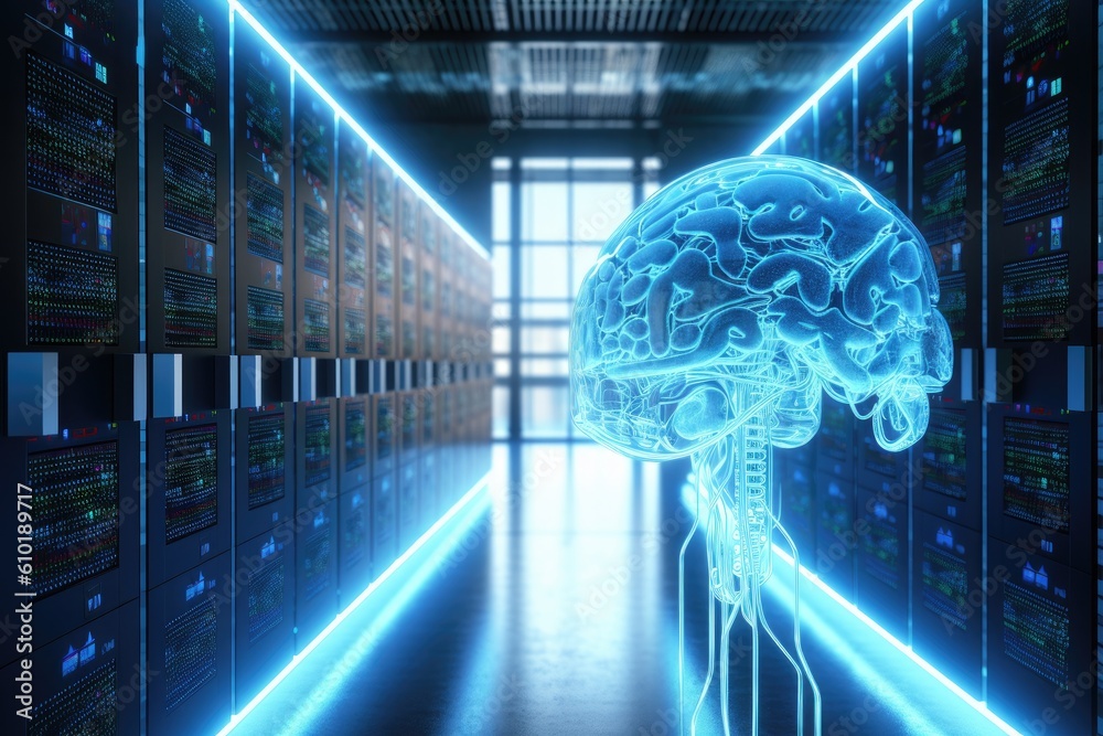 Artificial intelligence, Digital brain connected to data center. Generative AI