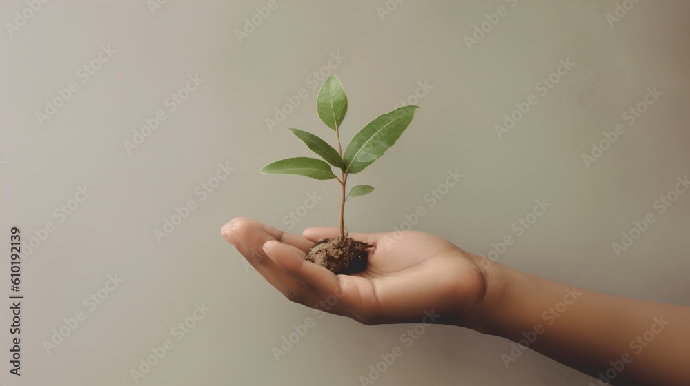 Hand gently holding a green plant. Harmonious pastel earth tones. This image resonates with themes o