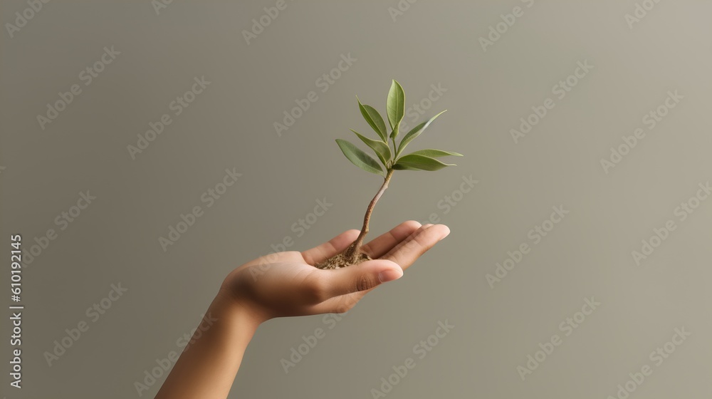 Hand gently holding a green plant. Harmonious pastel earth tones. This image resonates with themes o