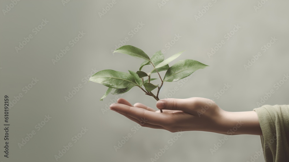 Hand gently holding a green plant. Harmonious pastel earth tones. This image resonates with themes o