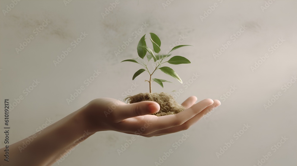 Hand gently holding a green plant. Harmonious pastel earth tones. This image resonates with themes o