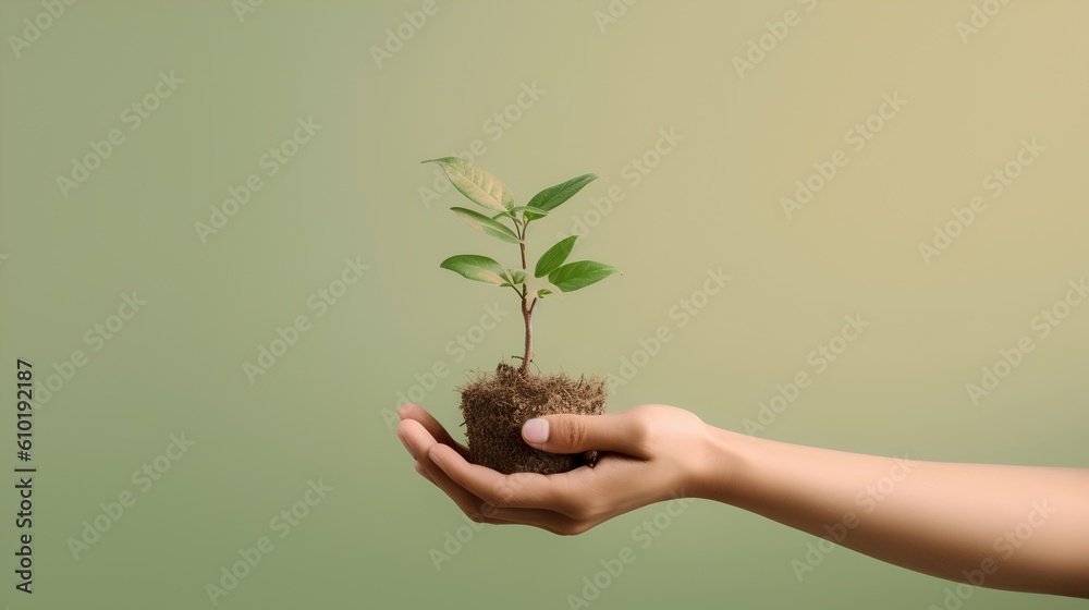 Hand gently holding a green plant. Harmonious pastel earth tones. This image resonates with themes o