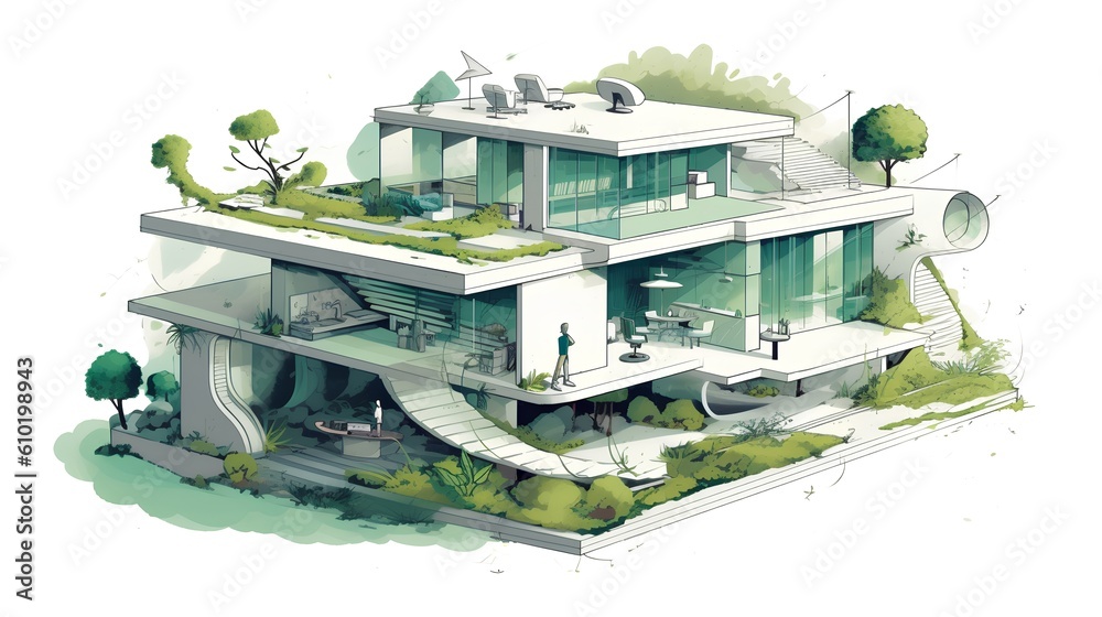 Concept of a sustainable family house project. The integration of environmental friendly elements in