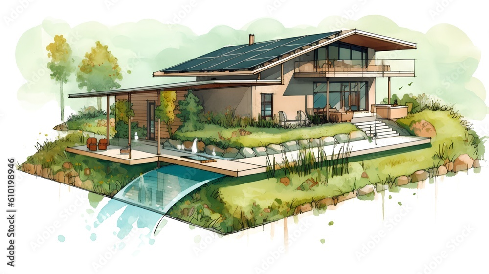 Concept of a sustainable family house project. The integration of environmental friendly elements in