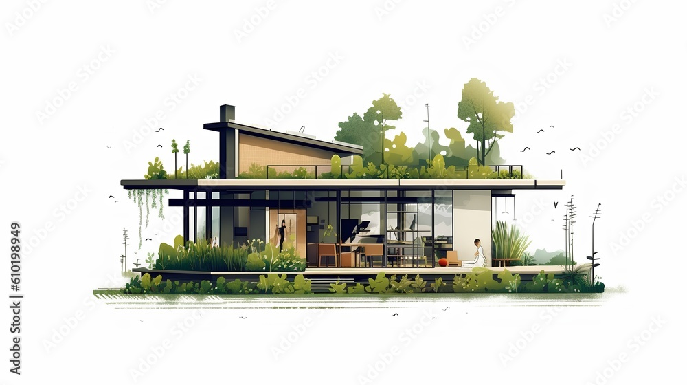 Concept of a sustainable family house project. The integration of environmental friendly elements in