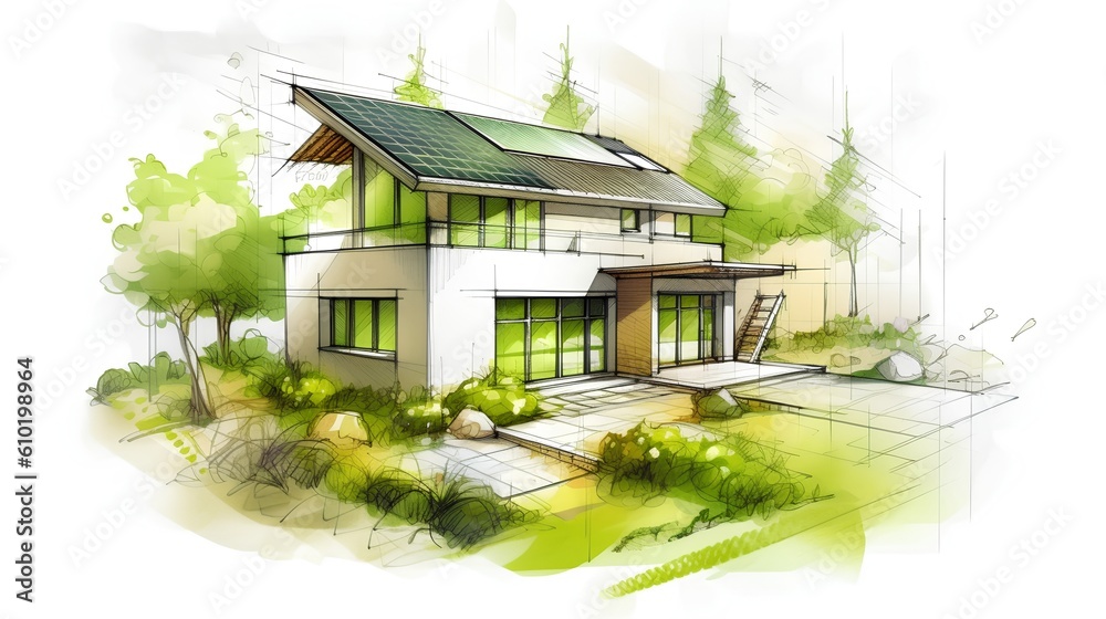 Concept of a sustainable family house project. The integration of environmental friendly elements in