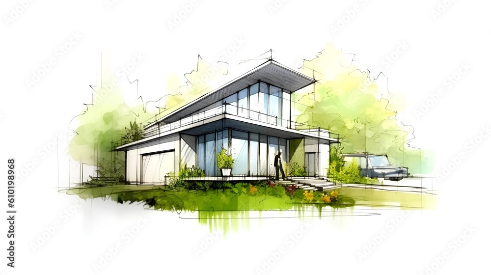 Concept of a sustainable family house project. The integration of environmental friendly elements in