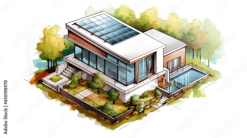 Concept of a sustainable family house project. The integration of environmental friendly elements in