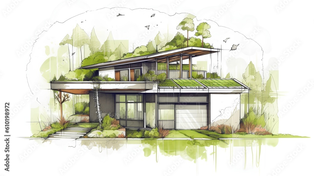 Concept of a sustainable family house project. The integration of environmental friendly elements in