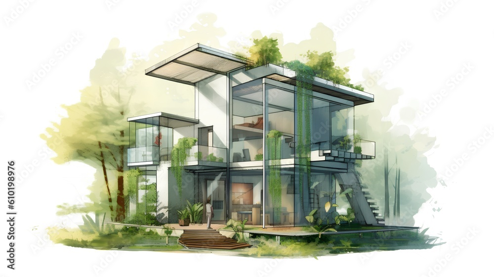 Concept of a sustainable family house project. The integration of environmental friendly elements in