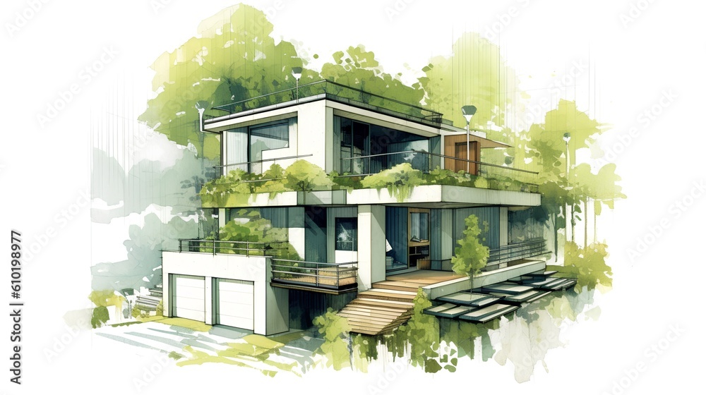 Concept of a sustainable family house project. The integration of environmental friendly elements in