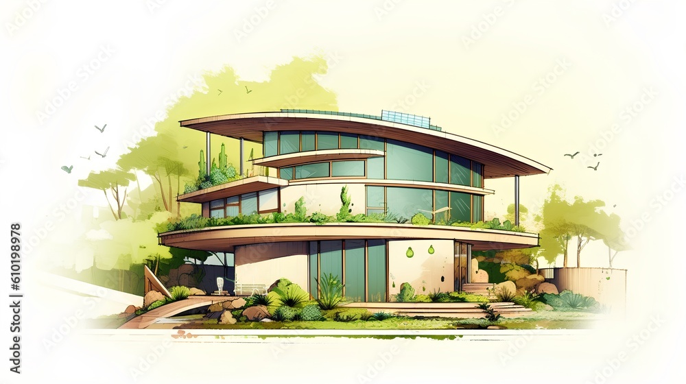 Concept of a sustainable family house project. The integration of environmental friendly elements in