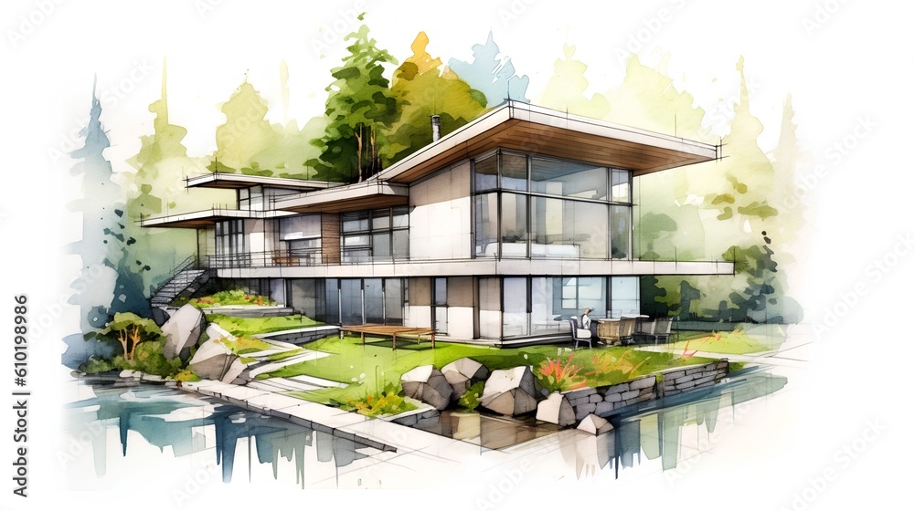 Concept of a sustainable family house project. The integration of environmental friendly elements in