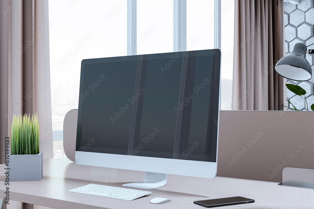 Modern designer office interior with decorative wall, empty computer screen and other items. Mock up