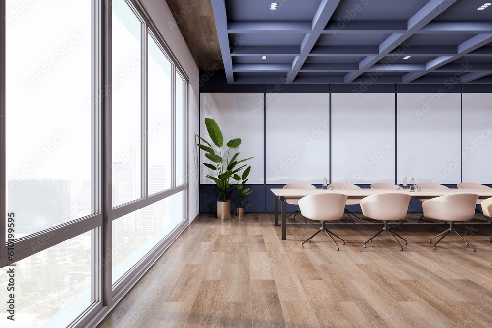 Contemporary conference room interior with mock up place, furniture, concrete wooden and window and 