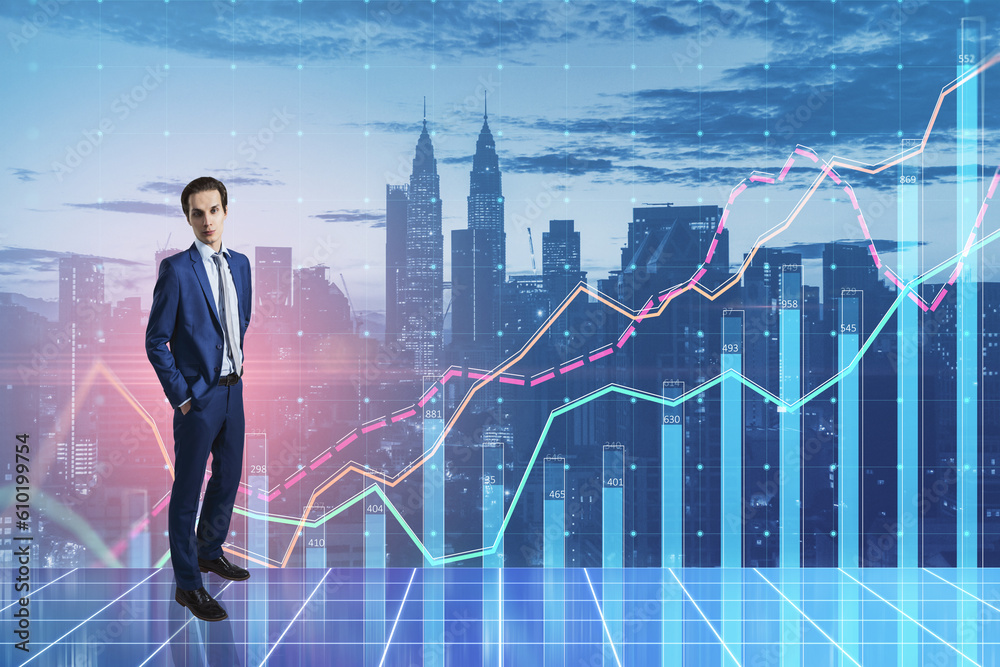 Attractive thoughtful european businessman standing on toned city background with forex chart. Finan