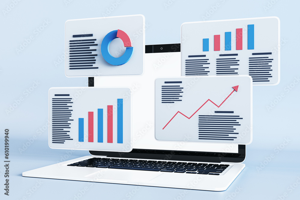 Stats data and digital marketing concept with perspective view on light cards with project statistic