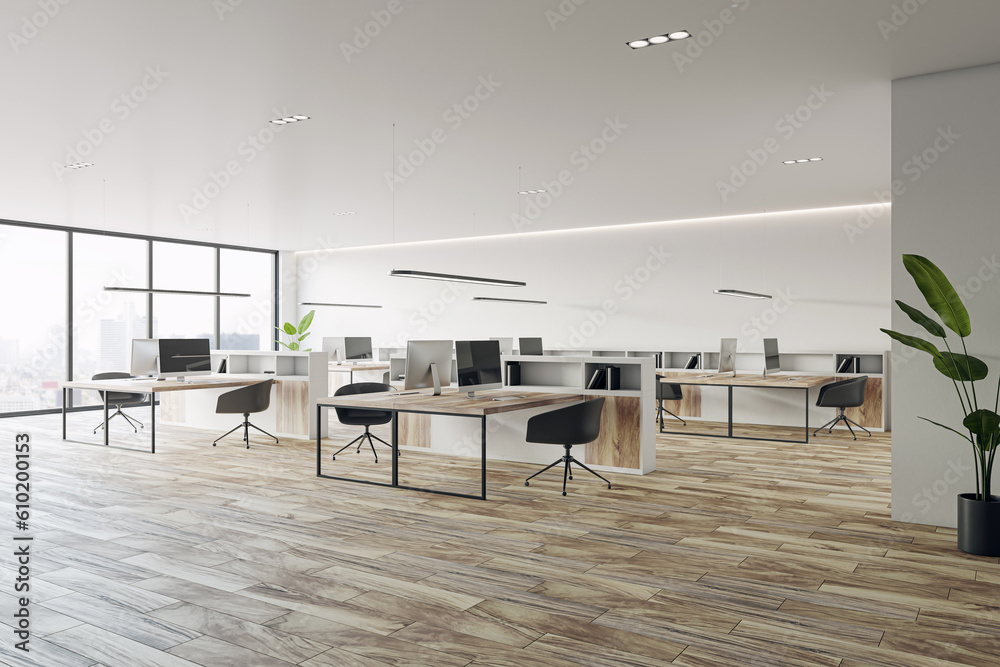 Modern office interior design with wooden floor. 3D rendering