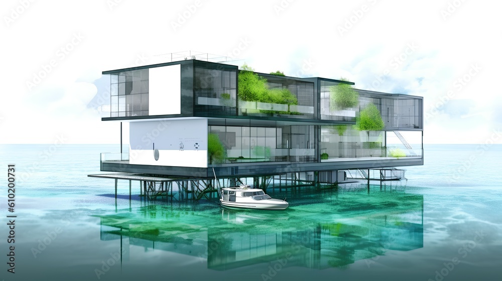 Floating building project concept. Innovative architectural design principles to address challenges 