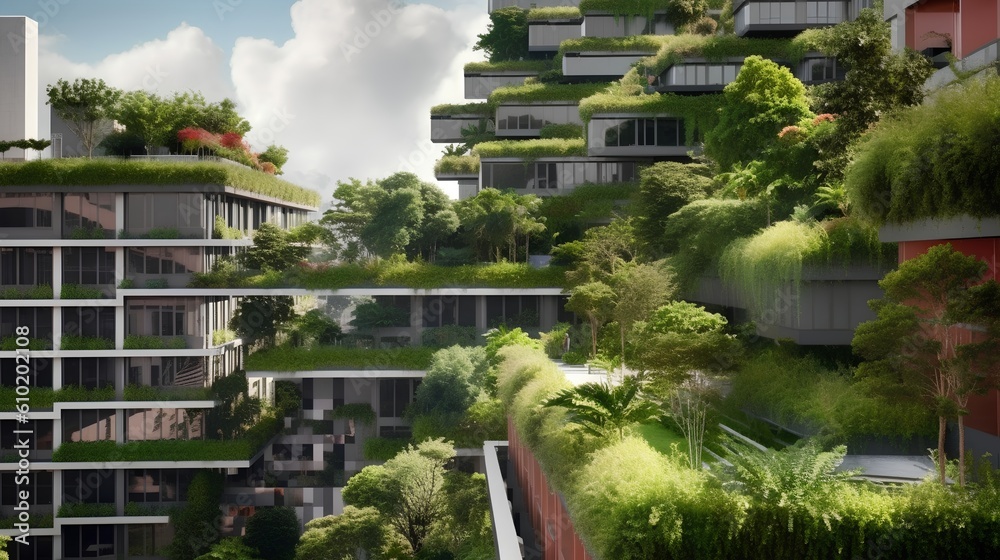 Biophilic urbanism concept, showcasing the integration of natural elements within urban environments