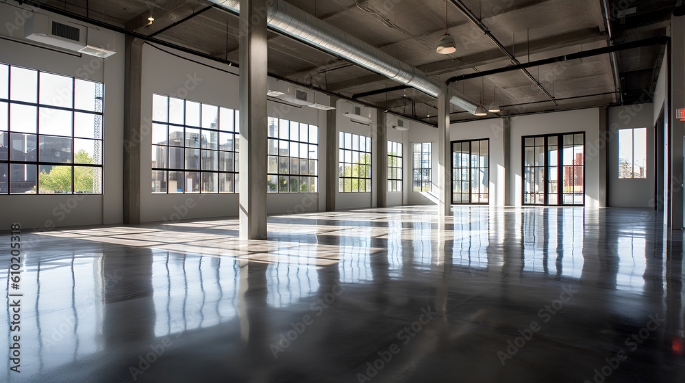 Empty industrial space interior. Open, unoccupied space and minimalistic aesthetic, it symbolizes po