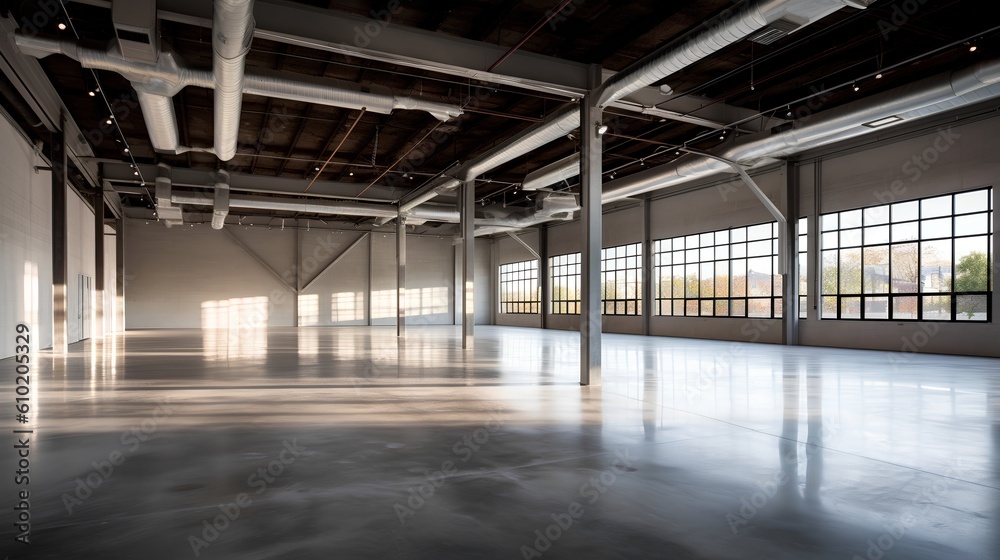 Empty industrial space interior. Open, unoccupied space and minimalistic aesthetic, it symbolizes po