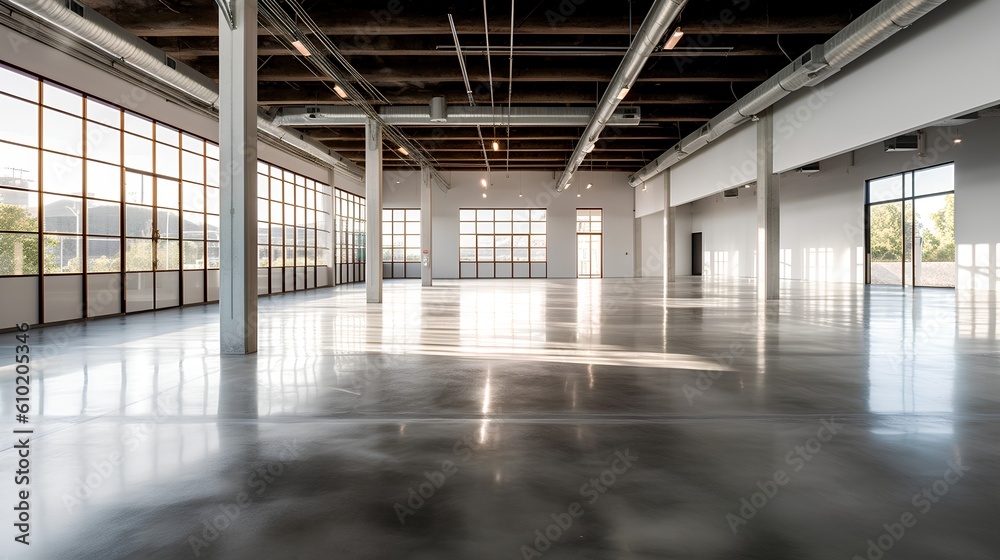 Empty industrial space interior. Open, unoccupied space and minimalistic aesthetic, it symbolizes po