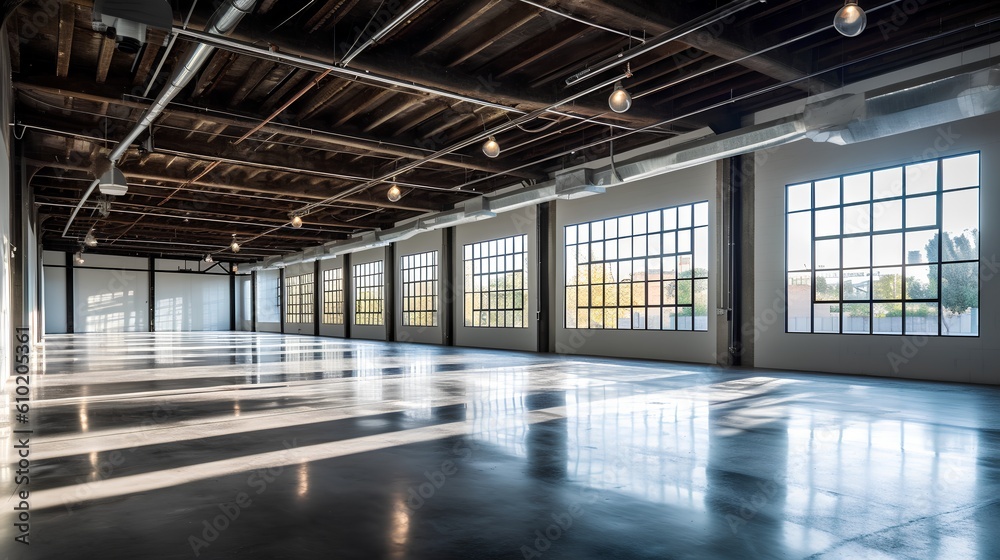 Empty industrial space interior. Open, unoccupied space and minimalistic aesthetic, it symbolizes po