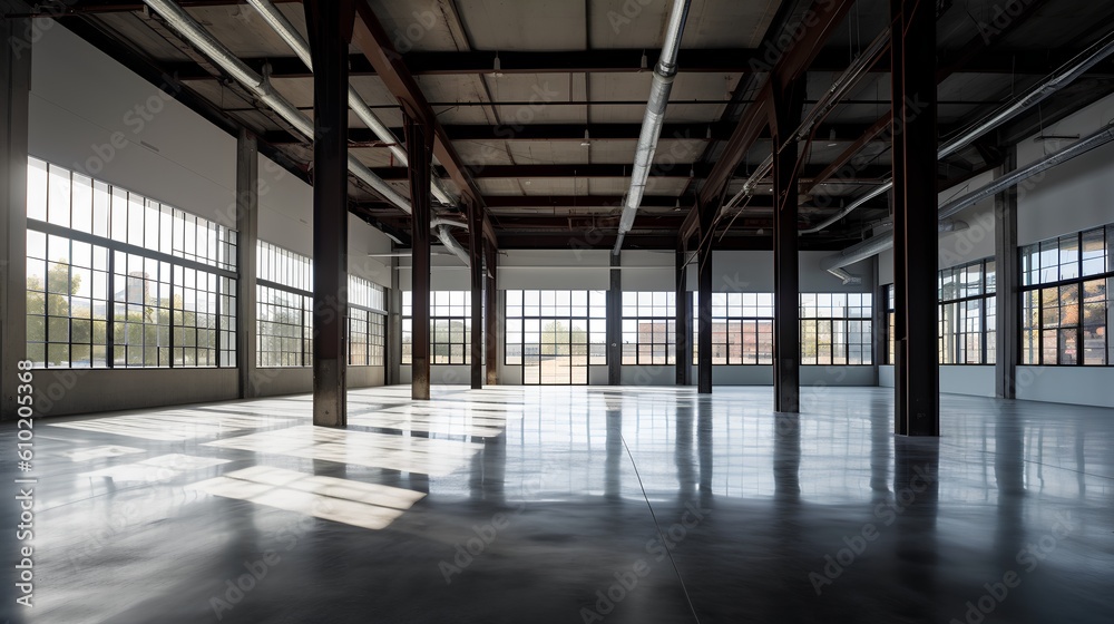 Empty industrial space interior. Open, unoccupied space and minimalistic aesthetic, it symbolizes po