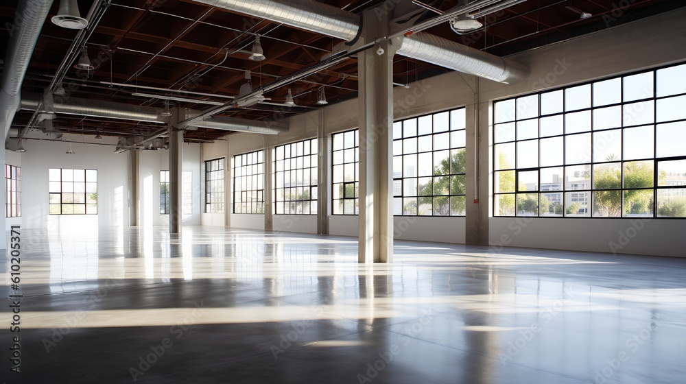 Empty industrial space interior. Open, unoccupied space and minimalistic aesthetic, it symbolizes po