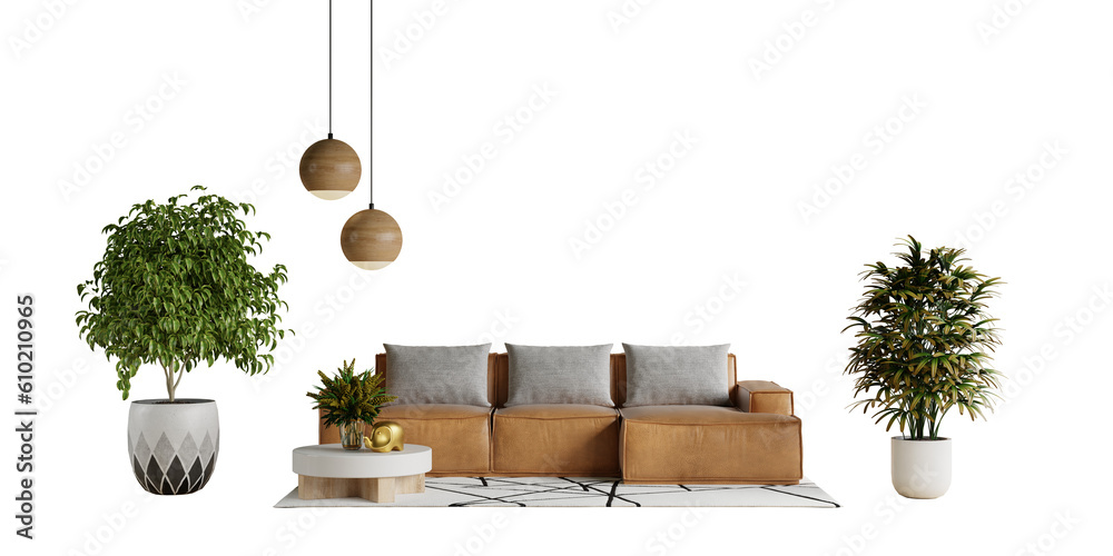 Living room wall mockup with leather sofa and decor on transparent background.3d rendering