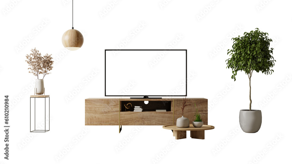 TV on the cabinet in modern living room isolated on transparent background.3d rendering