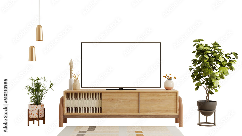 TV on the cabinet in modern living room isolated on transparent background.3d rendering