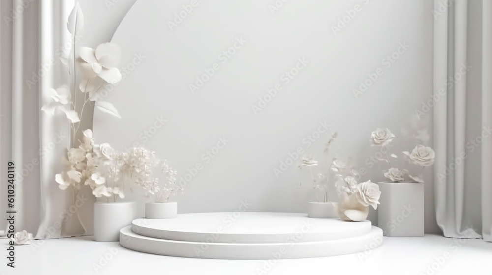 Podium with flowers on white background to display products, gift or cosmetics. Generative AI