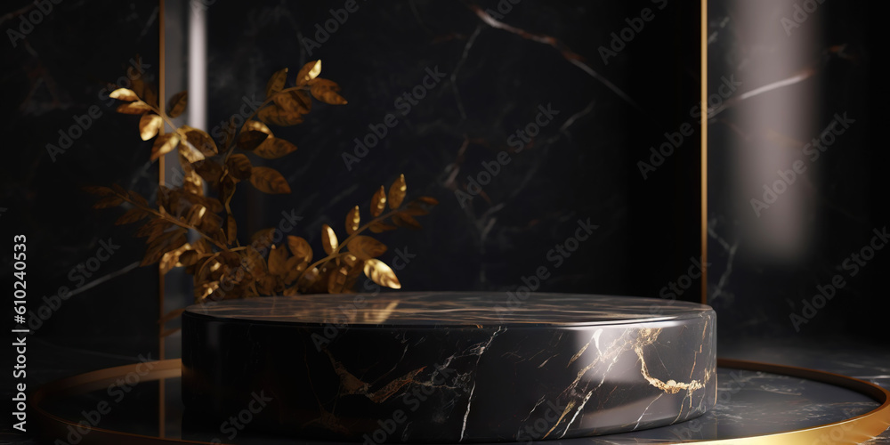 Podium made of black marble with gold, pedestal or platform. Advertising scene. Blank product stand.