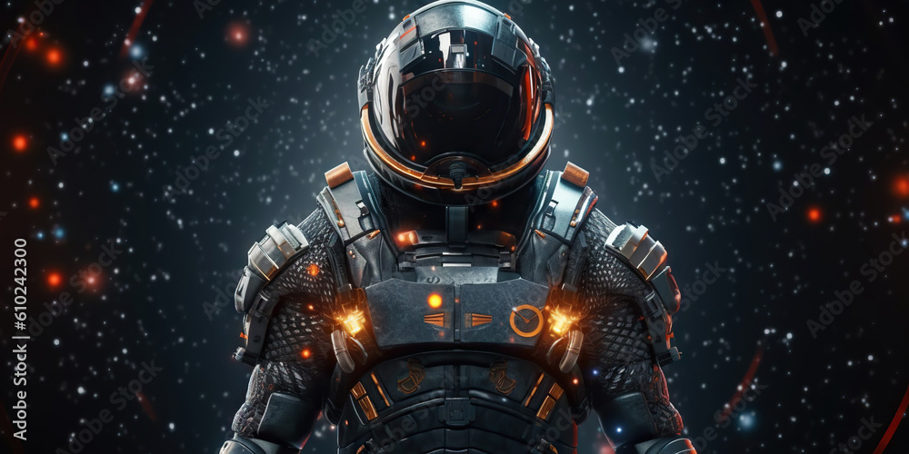 Portrait of astronaut floating in space with a asteroids, space rocks, burning sparks on backdrop. G