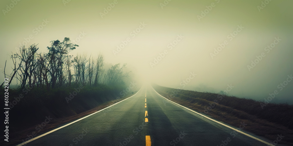 Misty empty road with trees on the side. Foggy highway. Mystery travel concept. Generative AI