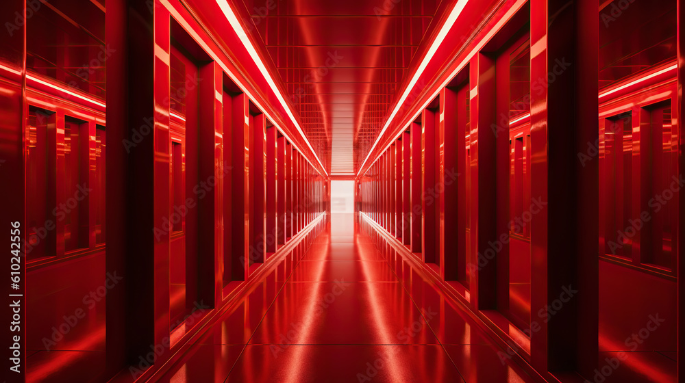 Red abstract futuristic tunnel with neon lines. Generative AI