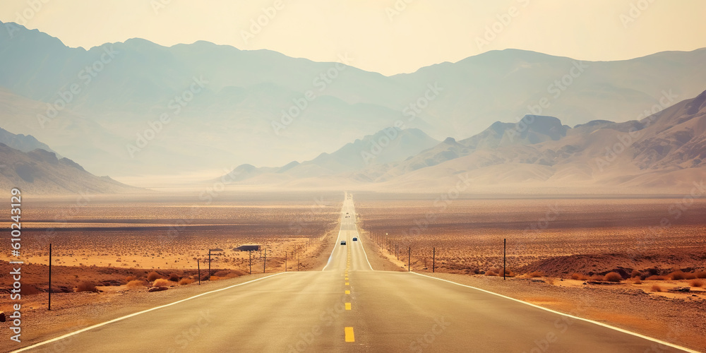 Minimalistic empty highway in desert. Travel concept. Generative AI