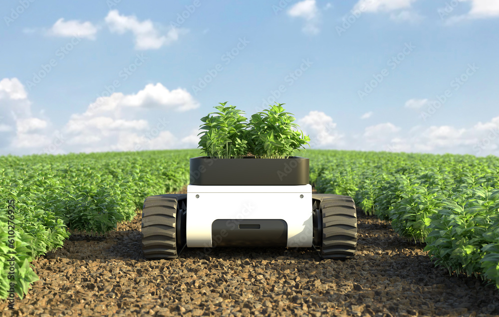 Agricultural robots work in smart farms, Smart agriculture farming concept.