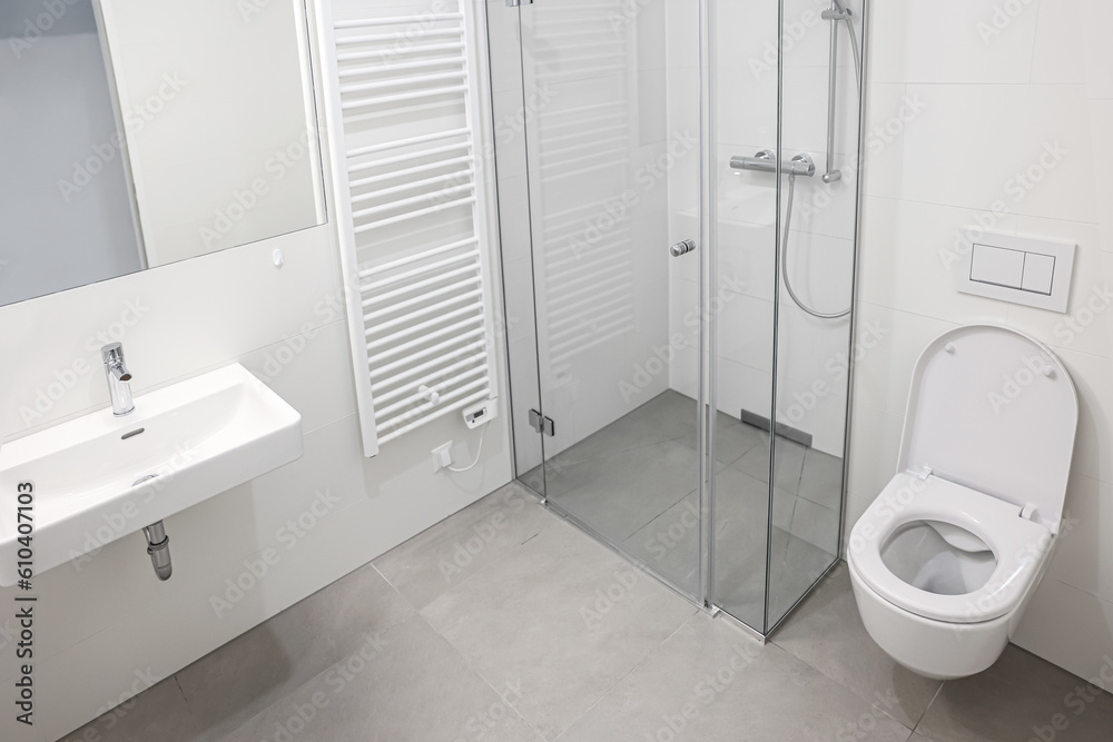 Interior of light bathroom with shower unit, toilet bowl and sink