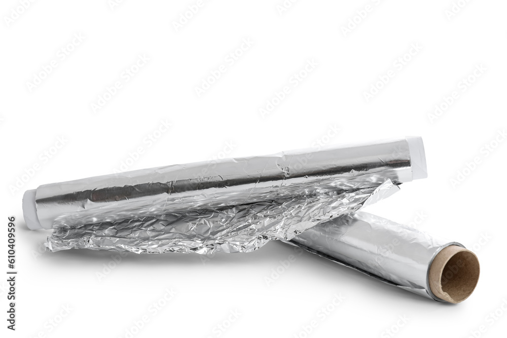 Rolls of aluminium foil on white background