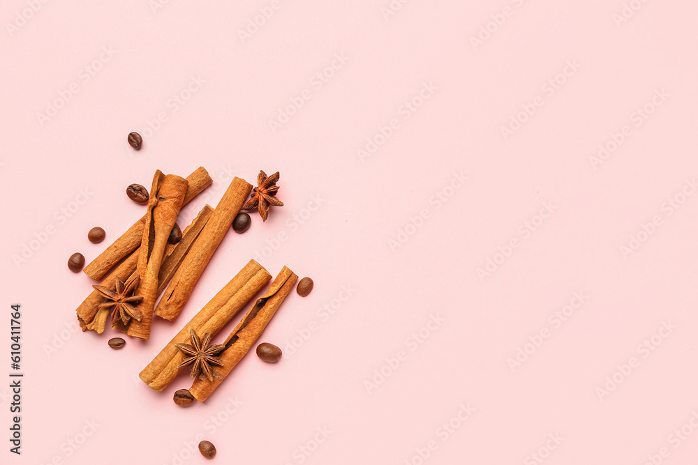 Cinnamon sticks, anise stars and coffee beans on pink background