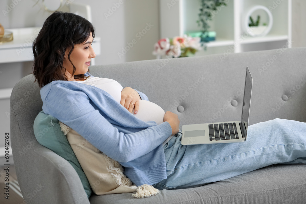 Young pregnant woman working with laptop on sofa at home