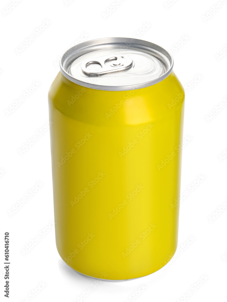 Yellow can of fresh soda on white background