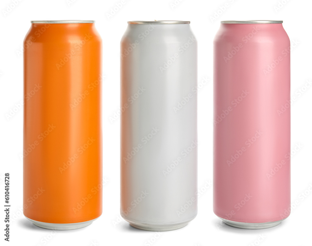 Different cans of fresh soda isolated on white background